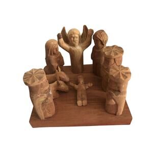 Vintage Wood Nativity Hand Carved Set Manger. Holy Family Three Kings. Softwood.